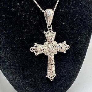 SARDA Sterling Silver CZ Large Filigree Bali Scroll Cross Pendant Necklace